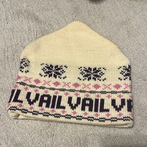 Vintage Vail Cream and Pink Beanie Ski Snow Winter Hat